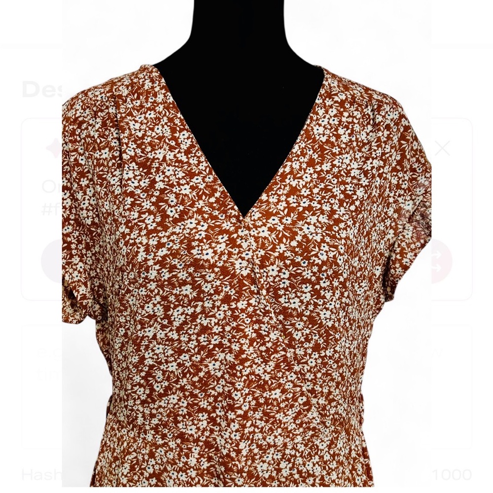 MONTEAU Brown & White Floral Midi Dress L, Short Sleeves V Neck Tiered Skirt - Picture 2 of 7